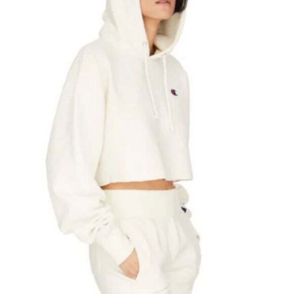 Champion Reverse Weave Cropped Hoodie Natural Ivory Off White Cream Size Medium - Picture 1 of 12